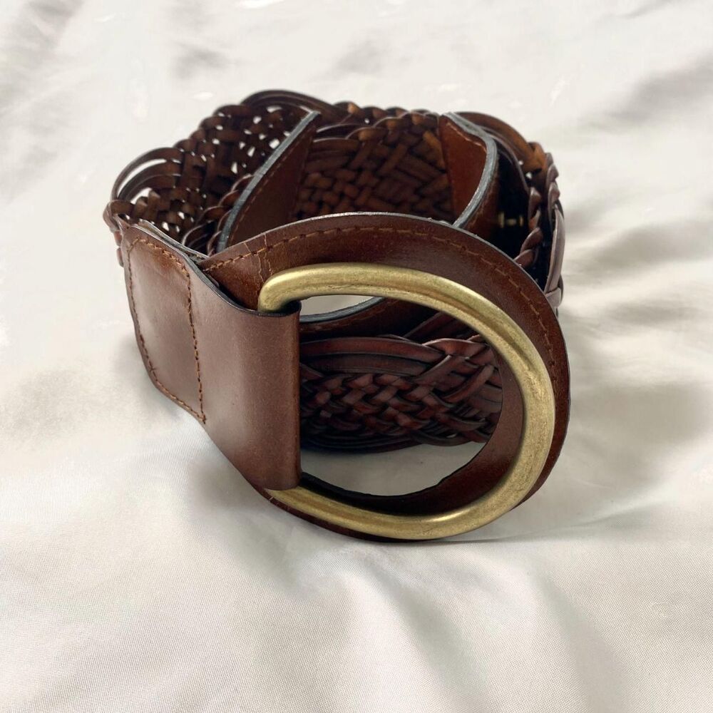 Chunky Wide Boho Braided Brown Leather Waist Belt Brassy Gold Clasp 50" XXL